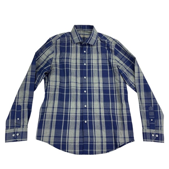 Tasso Elba Mens Dot Plaid Dobby Check Button Down Shirt Tallon Blue S - Picture 1 of 4